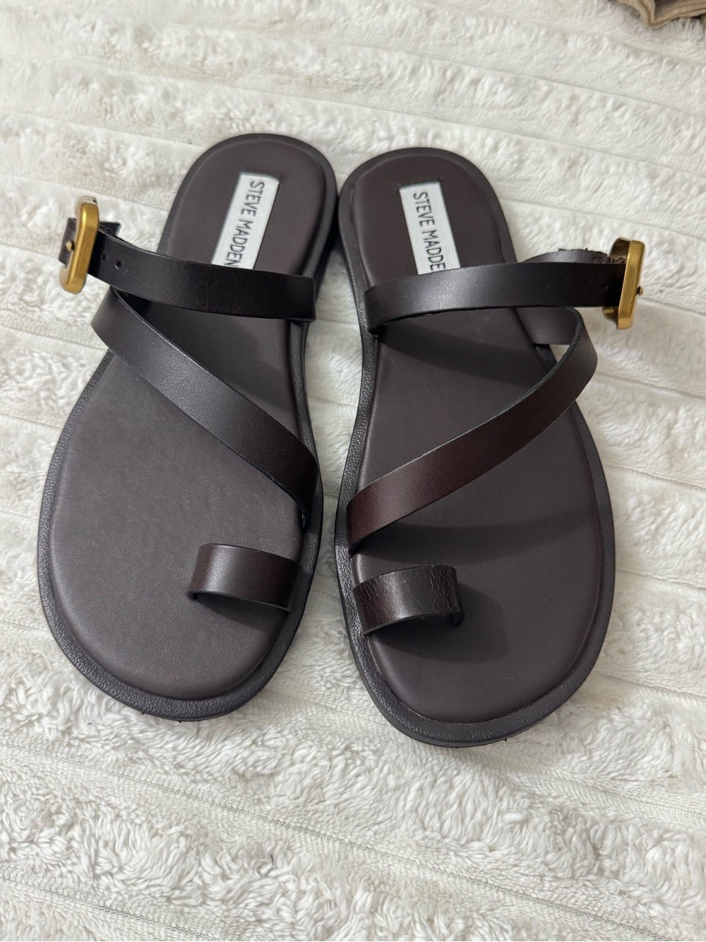 Steve Madden Dark Brown Leather Strappy Toe Loop Sandals with Gold Buckle